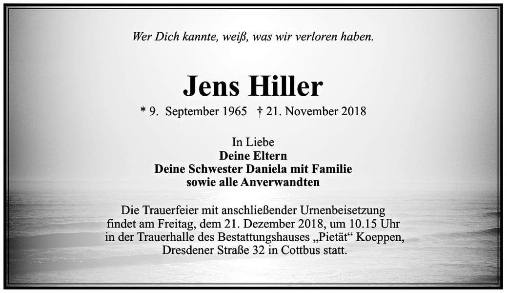Traueranzeige Jens Hiller