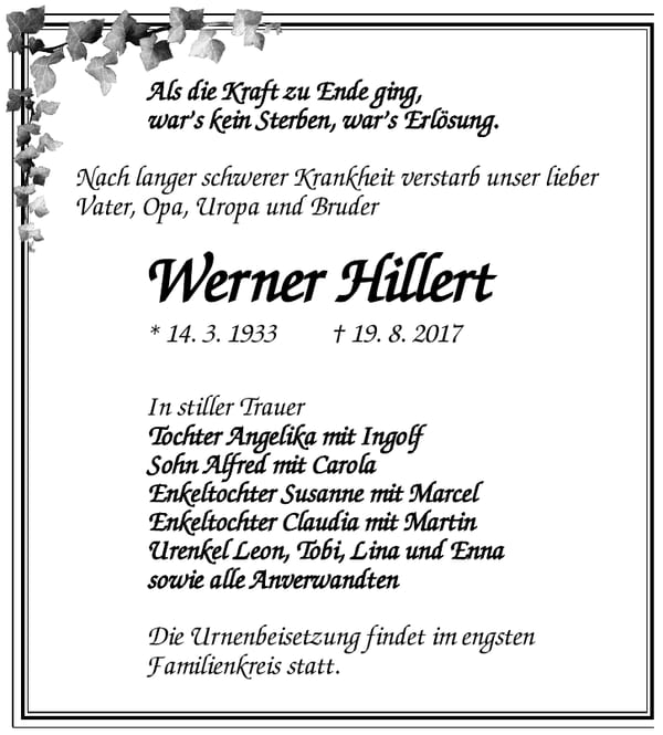 Traueranzeige Werner Hillert