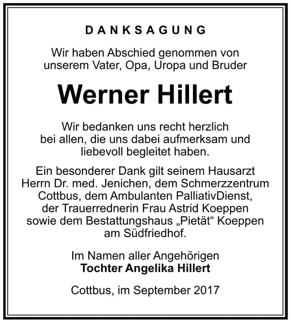 Danksagung Werner Hillert