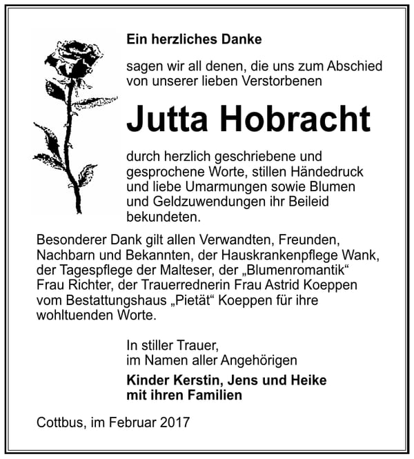 Danksagung Jutta Hobracht