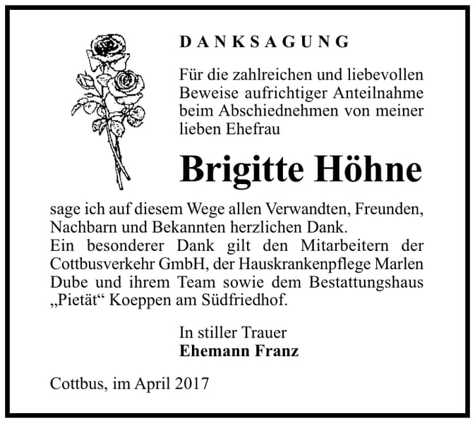 Danksagung Brigitte Höhne
