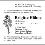 Traueranzeige Brigitte Höhne, geb. Schuppe