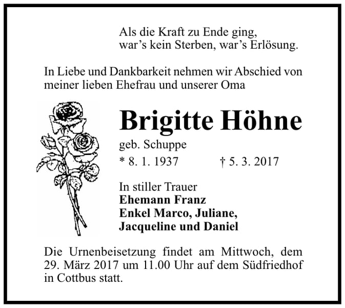 Traueranzeige Brigitte Höhne, geb. Schuppe
