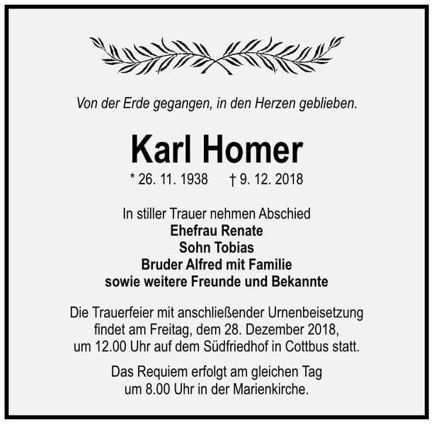 Traueranzeige Karl Homer