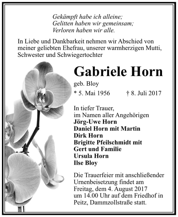Traueranzeige Gabriele Horn, geb. Bloy