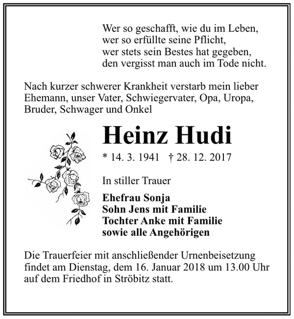 Traueranzeige Heinz Hudi