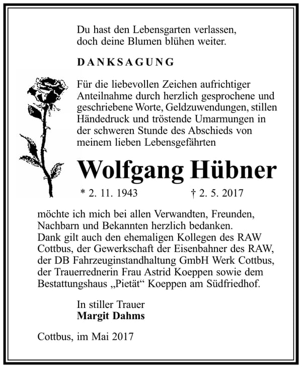 Danksagung Wolfgang Hübner