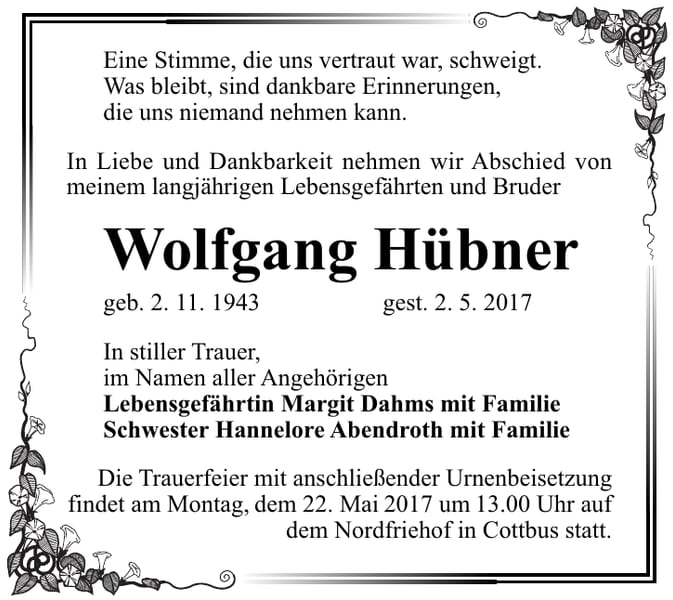Traueranzeige Wolfgang Hübner