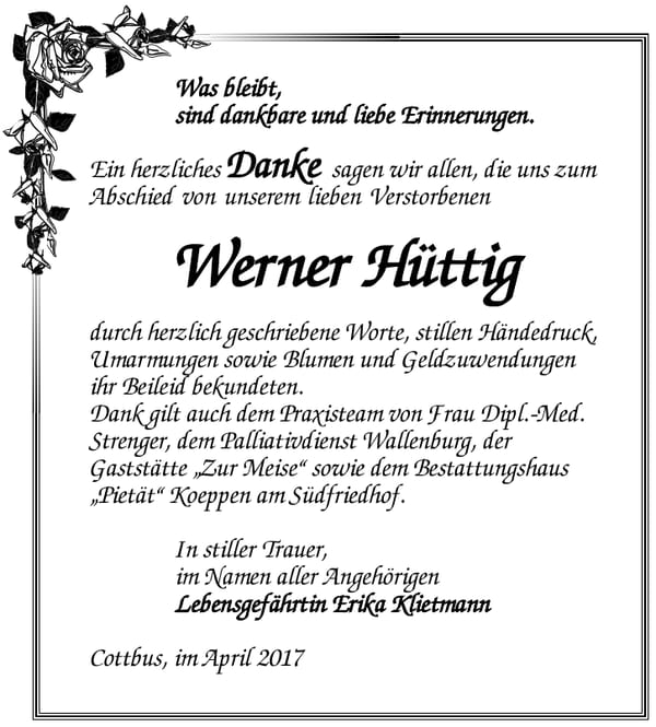 Danksagung Werner Hüttig