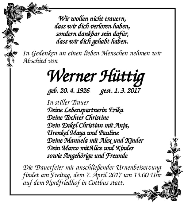 Jahresgedenken Werner Hüttig