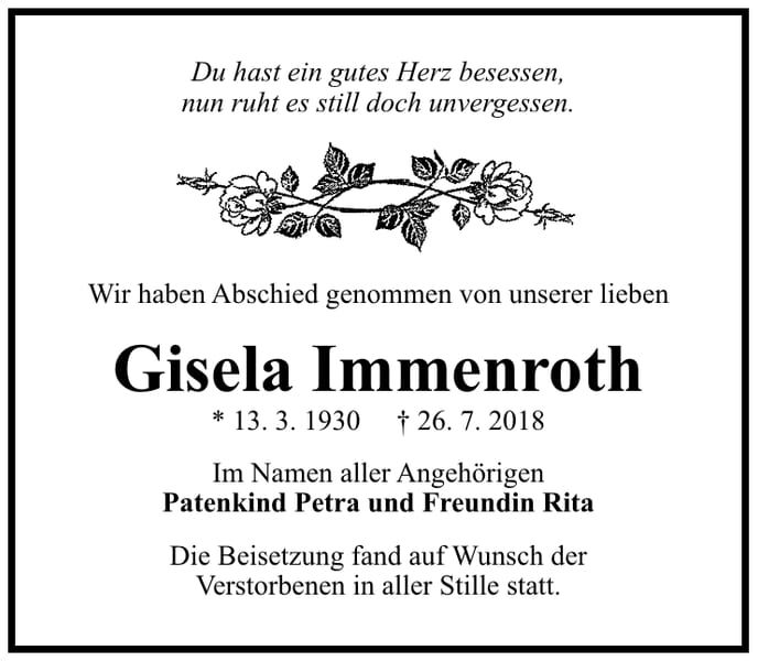 Traueranzeige Gisela Immenroth