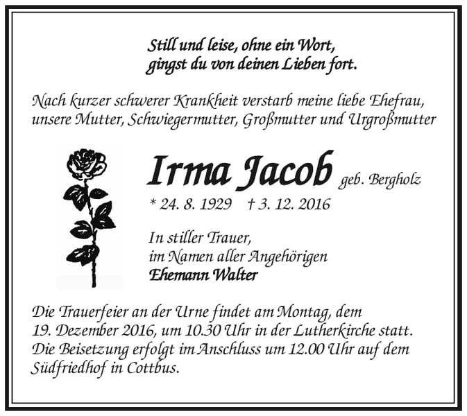 Traueranzeige Irma Jacob, geb. Bergholz