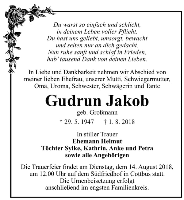 Traueranzeige Gudrun Jakob, geb. Großmann