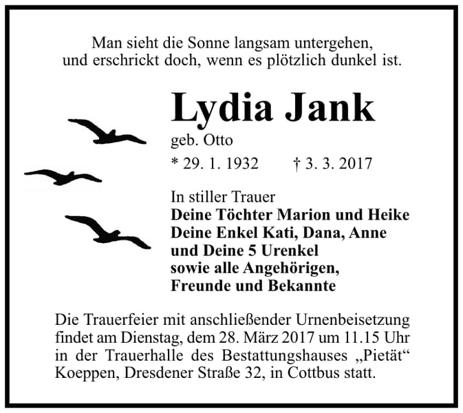 Traueranzeige Lydia Jank, geb. Otto