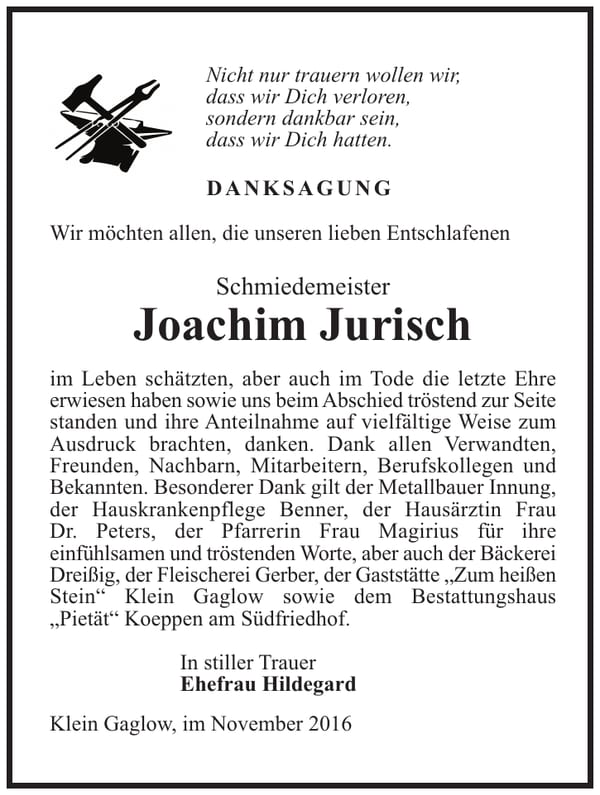Danksagung Joachim Jurisch