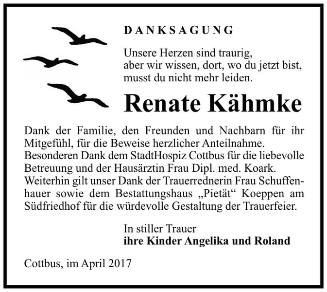 Danksagung Renate Kähmke
