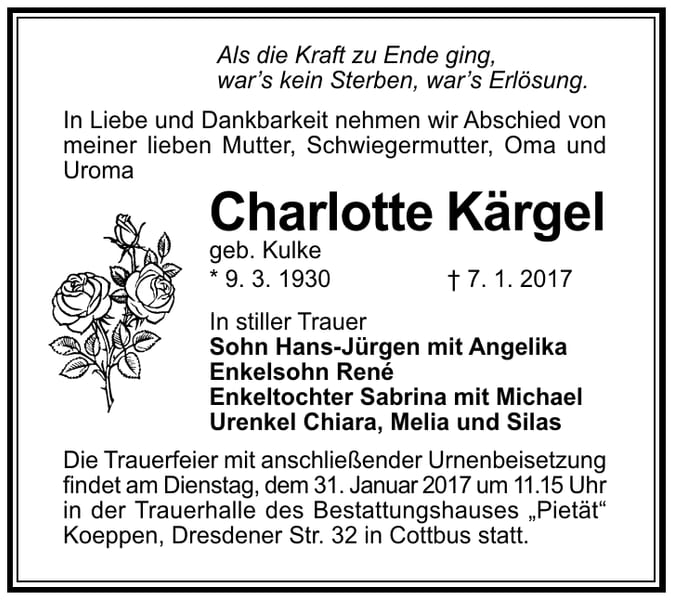 Traueranzeige Charlotte Kärgel, geb. Kulke