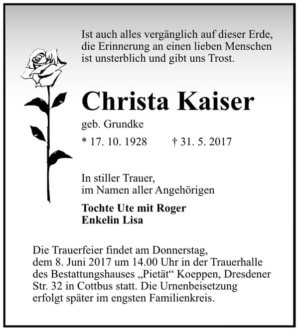 Traueranzeige Christa Kaiser, geb. Grundke