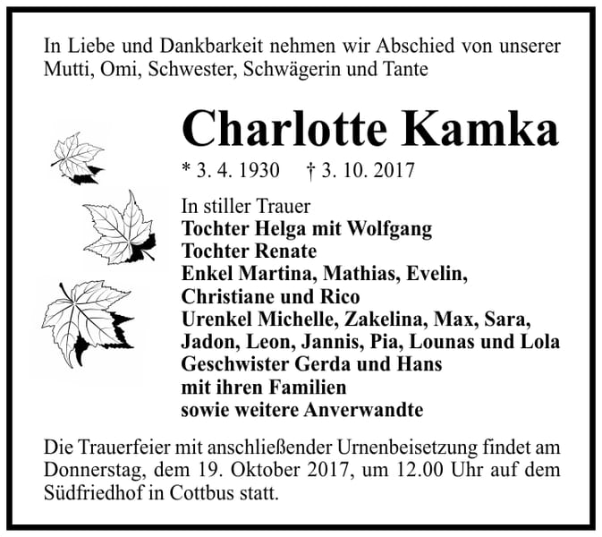 Traueranzeige Charlotte Kamka