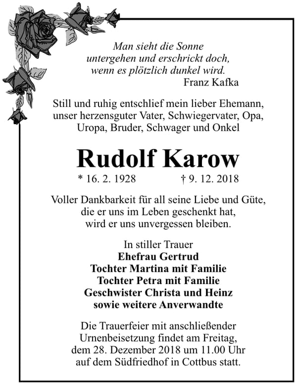 Traueranzeige Rudolf Karow