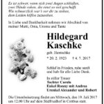 Traueranzeige Hildegard Kaschke, geb. Hentschke