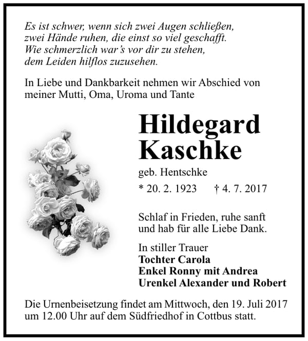 Traueranzeige Hildegard Kaschke, geb. Hentschke