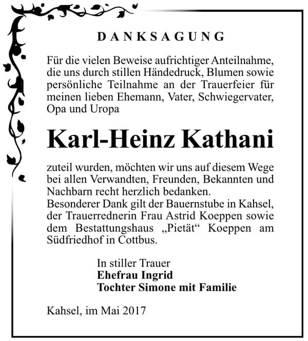 Danksagung Karl-Heinz Kathani
