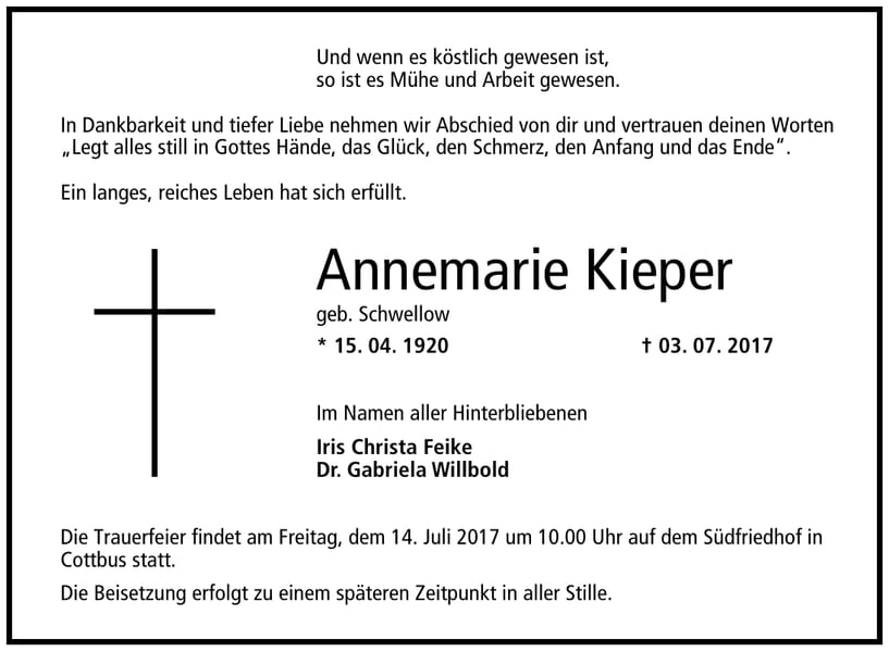 Traueranzeige Annemarie Kieper, geb. Schwellow