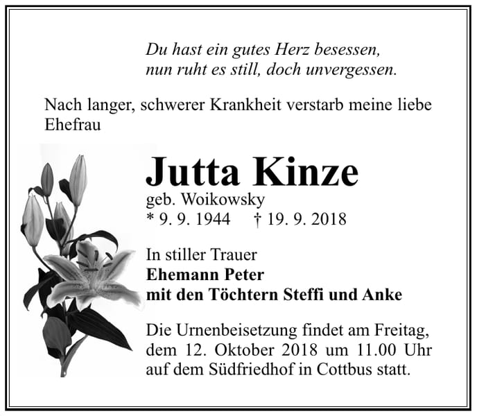 Traueranzeige Jutta Kinze, geb. Woikowsky