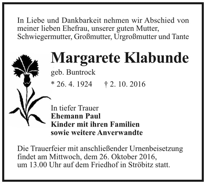 Traueranzeige Margarete Klabunde, geb. Buntrock