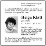 Traueranzeige Helga Klatt, geb. Schäfer