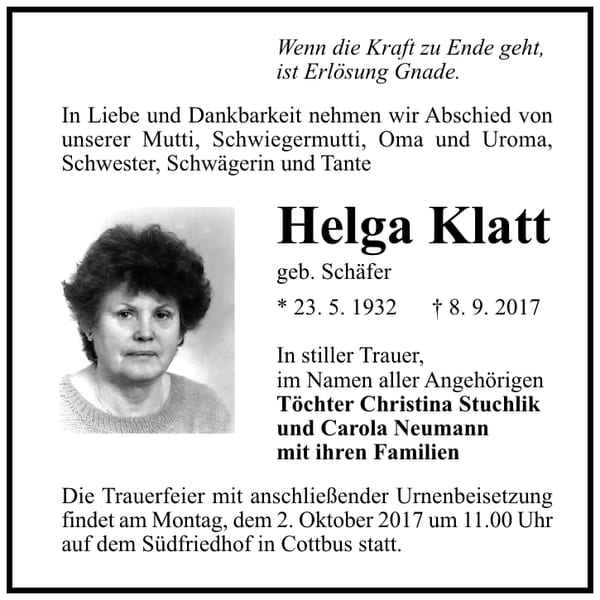 Traueranzeige Helga Klatt, geb. Schäfer