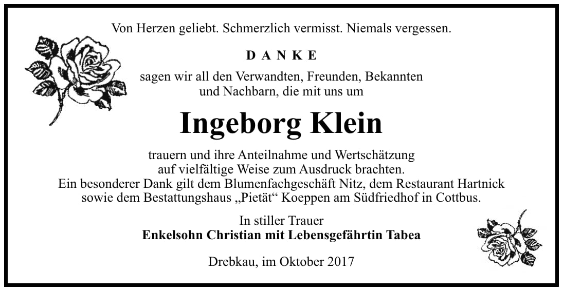 Danksagung Ingeborg Klein