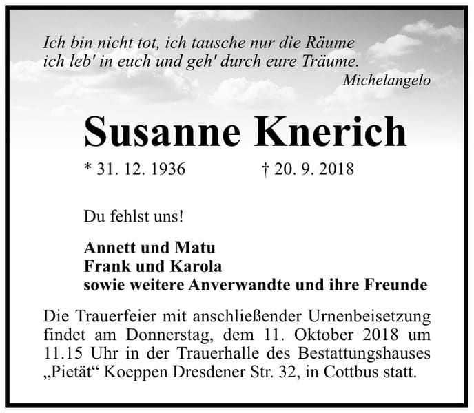 Traueranzeige Susanne Knerich