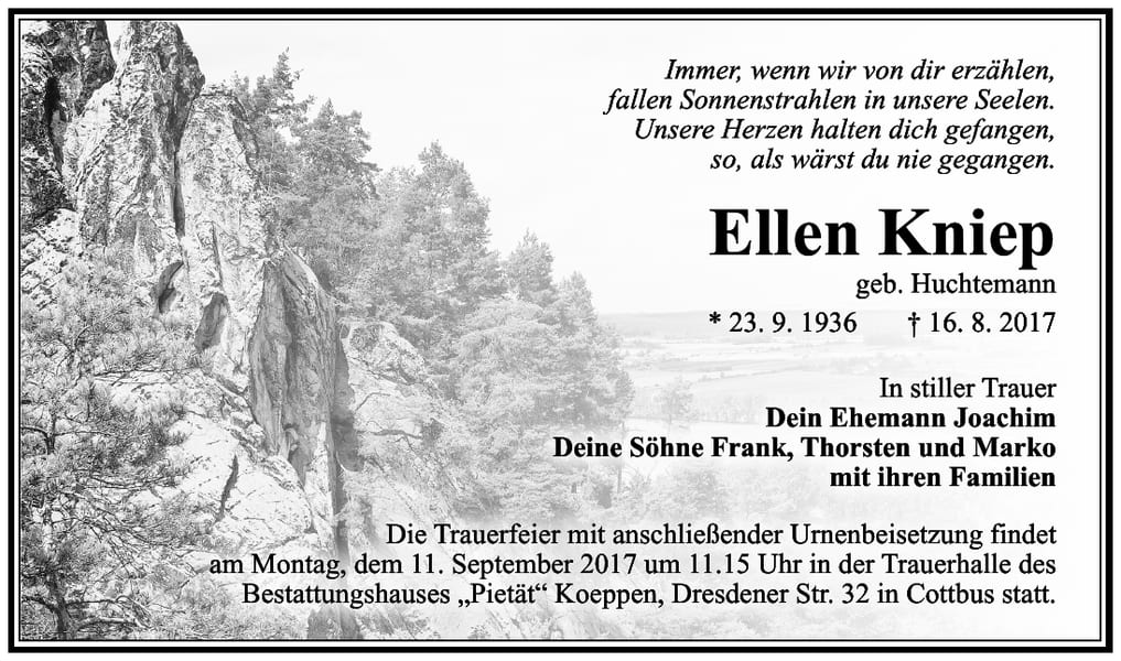 Traueranzeige Ellen Kniep, geb. Huchtemann