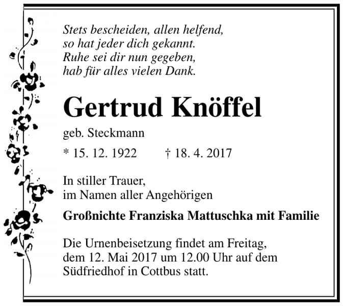 Traueranzeige Gertrud Knöffel, geb. Steckmann