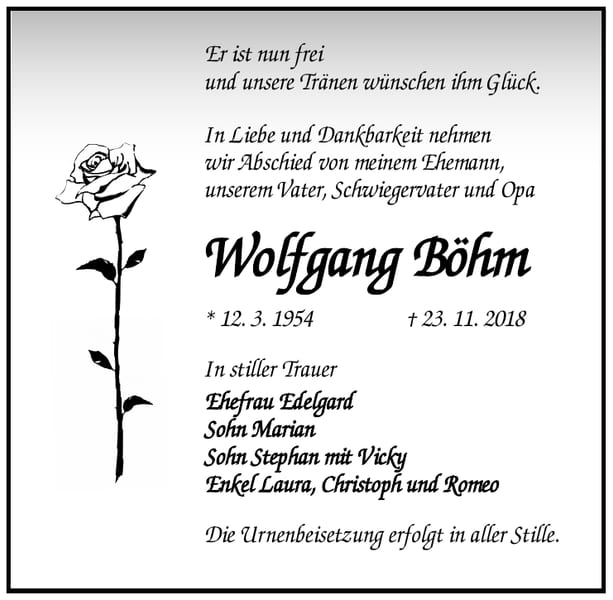 Traueranzeige Wolfgang Böhm