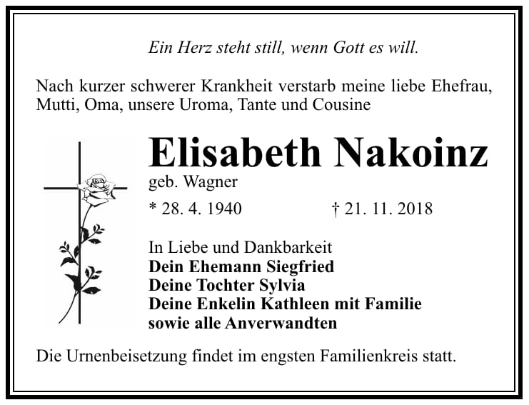 Traueranzeige Elisabeth Nakoinz, geb. Wagner