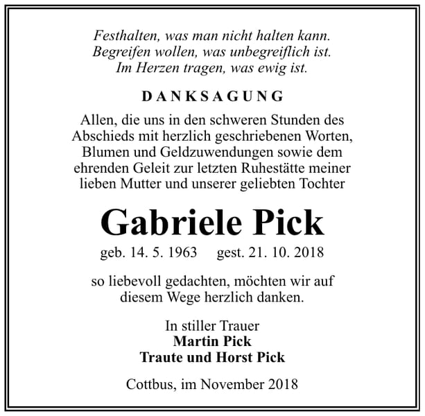 Danksagung Gabriele Pick