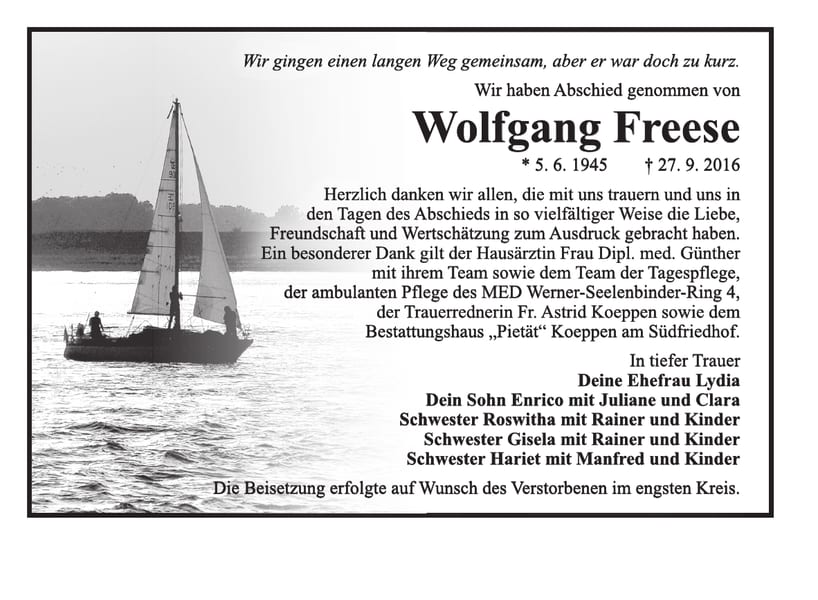 Danksagung Wolfgang Freese