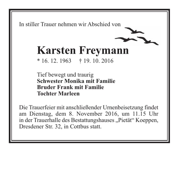 Traueranzeige Karsten Freymann