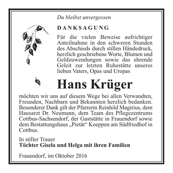 Danksagung Hans Krüger