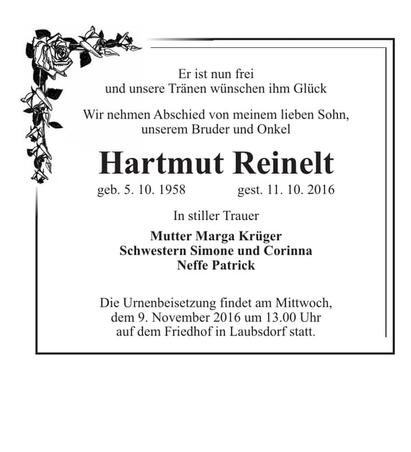 Traueranzeige Hartmut Reinelt