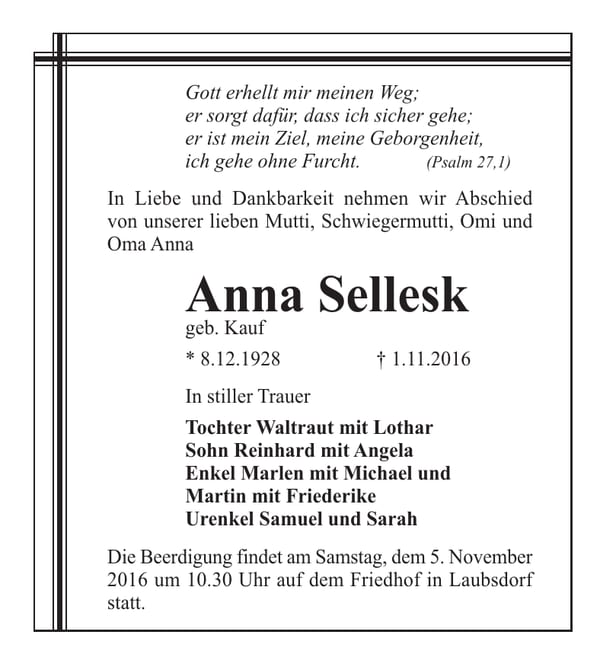 Traueranzeige Anna Sellesk, geb. Kauf