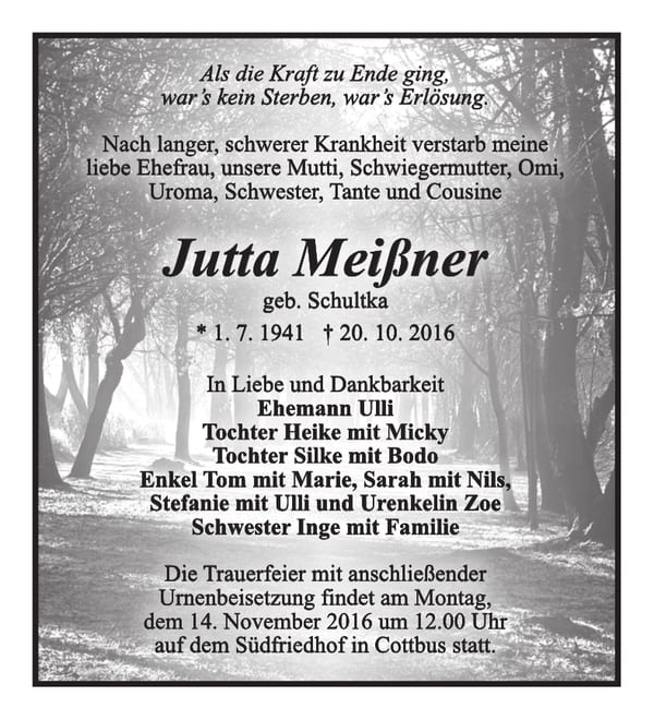 Traueranzeige Jutta Meißner, geb. Schultka