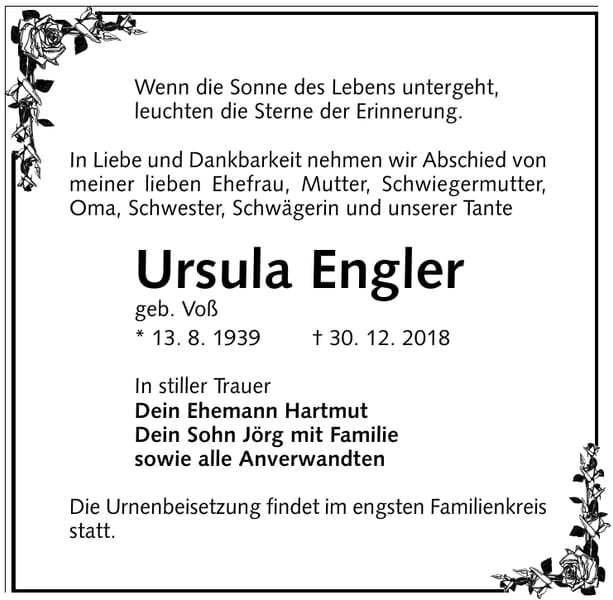 Traueranzeige Ursula Engler, geb. Voß