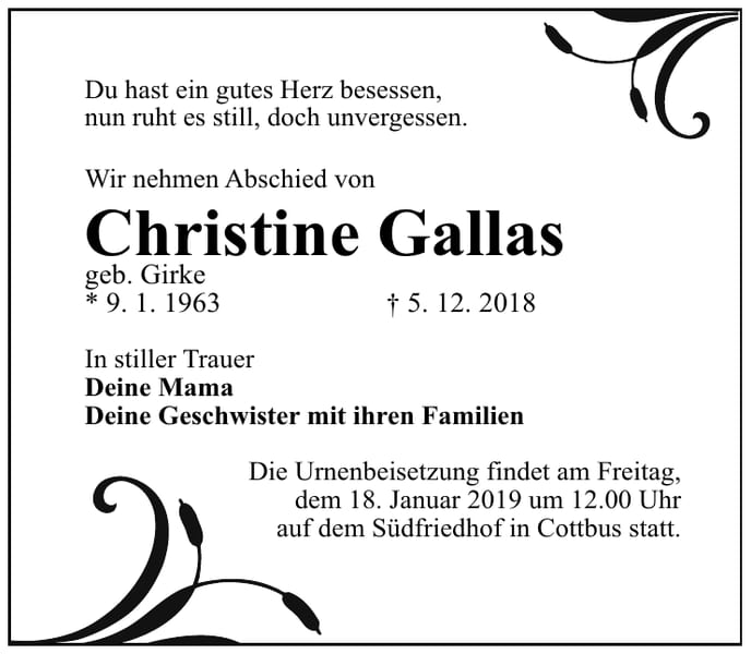 Traueranzeige Christine Gallas, geb. Girke