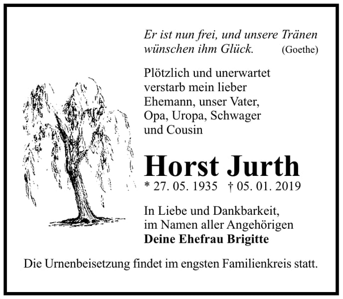 Traueranzeige Horst Jurth