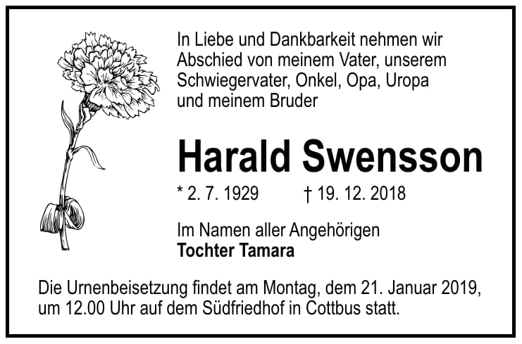 Traueranzeige Harald Swensson