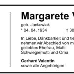 Traueranzeige Margarete Valentin, geb. Jankowiak